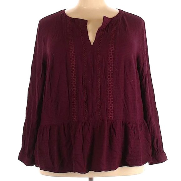 LOFT Burgundy Wine Peasant Peplum Embroidered Blouse Womens Plus Size 18 - Picture 2 of 3